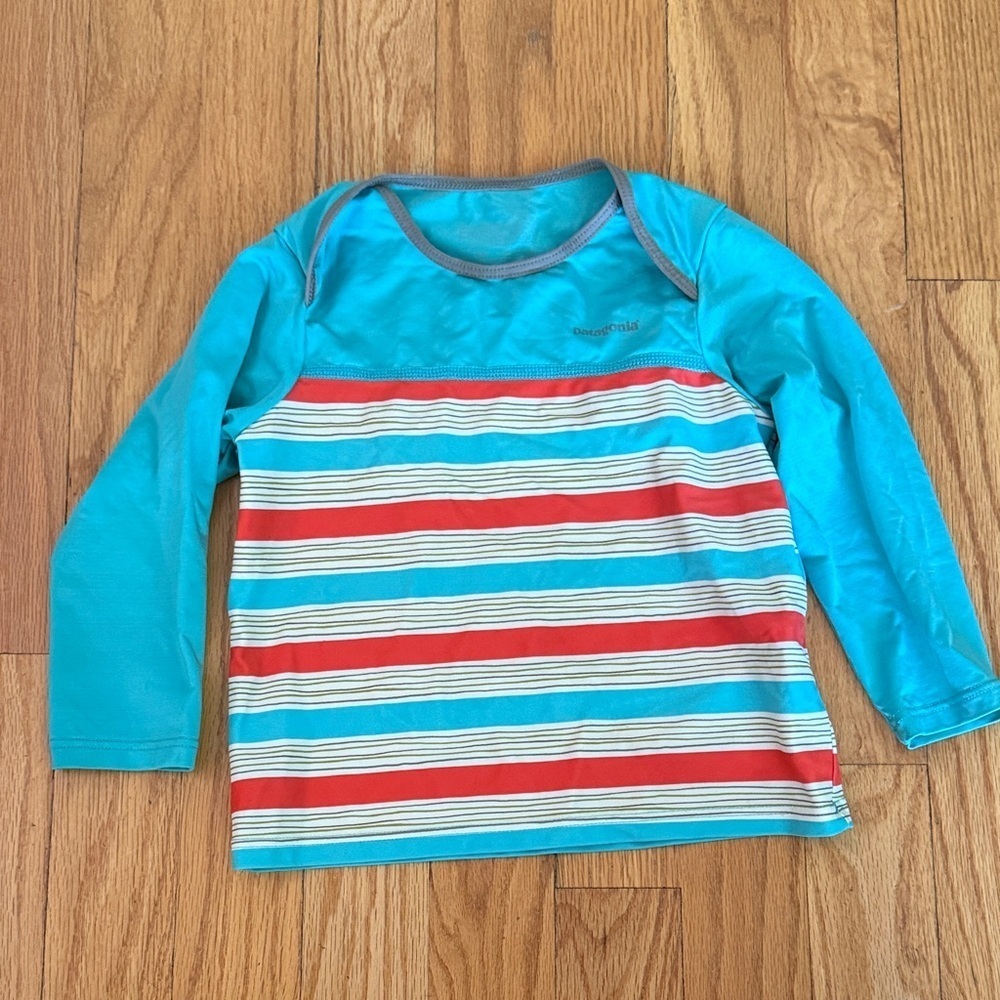 Patagonia sz 6-12mo Turquoise and Red Striped Long Sleeve rash guard swim shirt